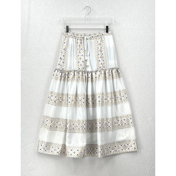 KASIA Ariel Maxi Skirt Womens Medium White Metallic Gold Blue Aztec Print Tiered - Picture 2 of 13